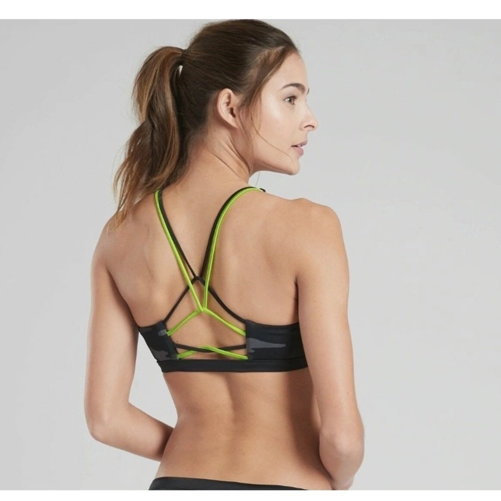 Athleta Bikini Top Women XS Black Camo Strappy Neon Active Swimwear